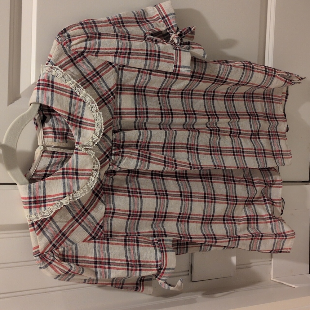 Zara Red and Blue Plaid Woman Blouse with Lace Collar